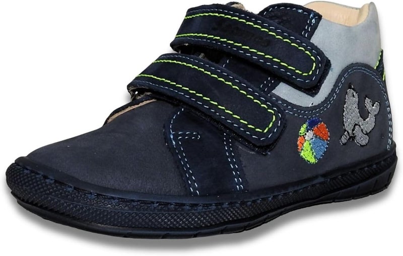 Szamos Kids Boys’ Genuine Leather Shoes – Ergonomic Supportive Sole, Stable Heel, Flexible Forefoot, Adjustable Hook & Loop Straps, Embroidered – Navy with Seal & Ball Design - Image 1